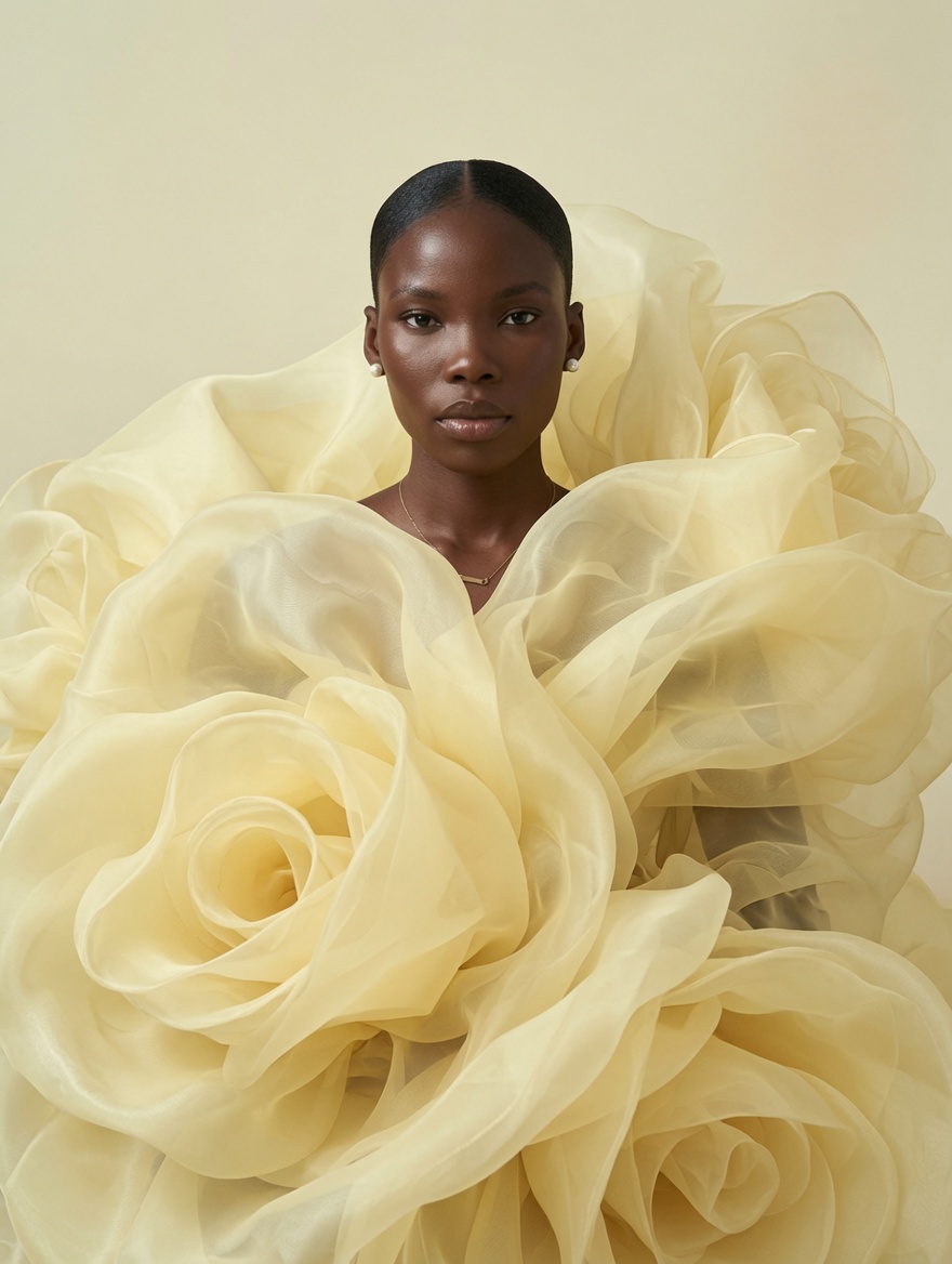 Woman framed by sculptural ivory fabric